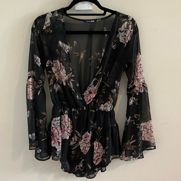 Fashion Nova Sheer Black and Pink Floral Romper - Picture 9 of 16